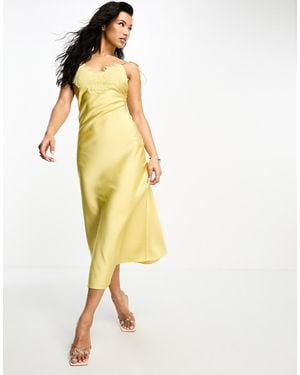 Aria Cove Satin Lace Trim Tie Cami Sleeve Midi Dress - Yellow