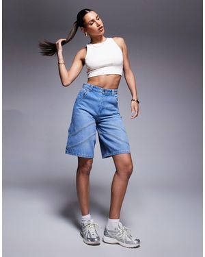 Courtside Seam Detail Denim Jort With Back Pocket Logo Embroidery - Blue