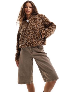 Daisy Street Leopard Borg Crop Jacket - Brown