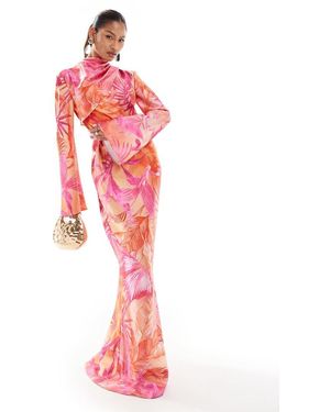DASKA Satin Printed Maxi Dress With Funnel Sleeves - Pink