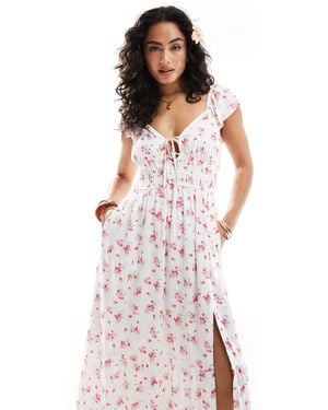 Hollister Short Sleeve Milkmaid Midi Slit Dress - White