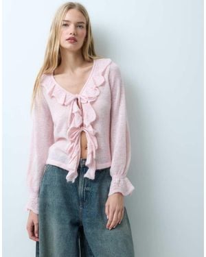 Vila Frill Trim Tie Front Knitted Cardigan - Pink