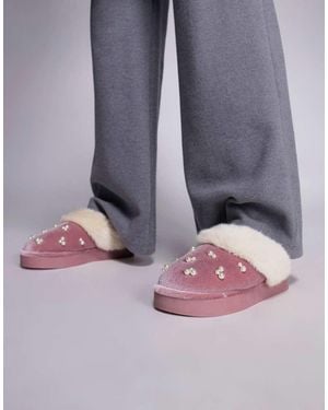 River Island Velvet Faux Fur Lined Slippers - Grey