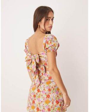 Collective The Label Tie Back Crop Top With Puff Sleeves - Multicolour