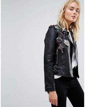 Mango Embellished Faux Leather Jacket - Black
