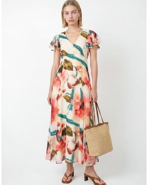 Lovedrobe Abstract Floral Print V Neck Flutter Sleeve Midaxi Dress - White