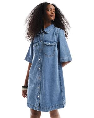 Vero Moda Oversized Button Front Short Sleeve Denim Dress - Blue