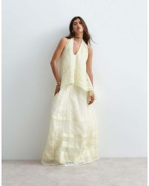 ARRANGE Scoop Neck Organza Halter Trapeze Maxi Dress With Linear Embroidery - Natural