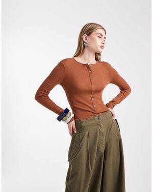 ASOS Sheer Bodysuit With Popper Detail - Brown