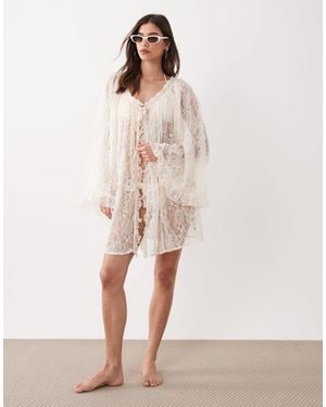 Miss Selfridge – strand-cover-up aus naturfarbener spitze mit weiten ärmeln im boho-stil - Pink