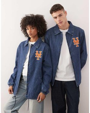 KTZ Chaqueta Vaquera Estilo Entrenador Con Lavado Medio, Botones Y Logo De Los Ny Mets De - Azul