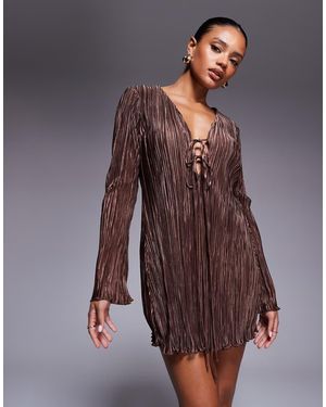 Princess Polly Malop Plisse Tie Front Flare Sleeve Mini Dress - Brown