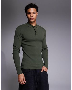 ASOS Polo Ajustado De Manga Larga De Canalé Fino De Mezcla De Algodón De -Verde - Gris