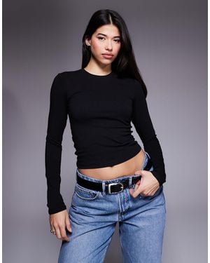 GOOD AMERICAN Cotton Blend Crew Neck Long Sleeve Top - Blue