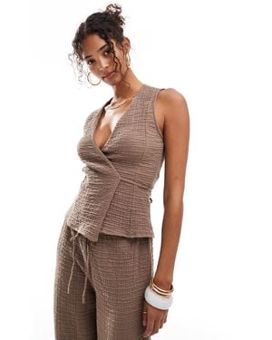 Pull&Bear Crinkle Textured Wrap Top - Brown