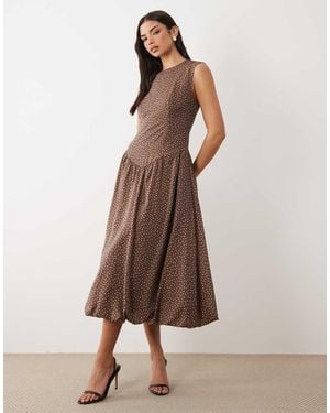 Y.A.S Fitted Seam Detail Drop Waist Sleeveless Midi Dress - Brown