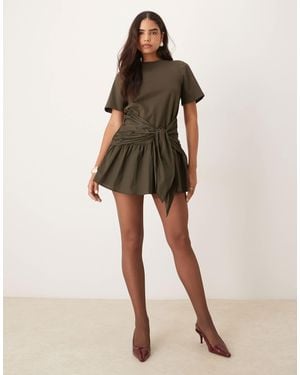 ASOS Tie Front T-shirt Mini Dress With Poplin Skirt - Natural