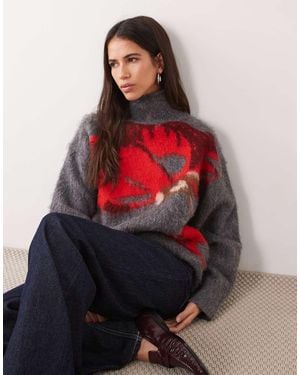 ASOS Brushed Floral Funnel Neck Jumper - Red