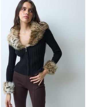 I.AM.GIA Cressida 2.0 Leopard Faux Fur Trim Zip Through Cardigan - Black