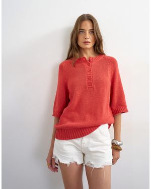 TOPSHOP Knitted Henley T-Shirt - Red