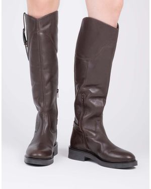 OFF THE HOOK Carnaby Leather Knee-High Riding Boots With Buckle Strap And Side Zip - Brown