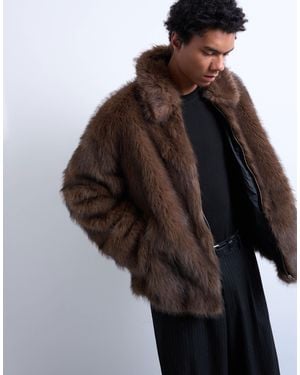 TOPMAN Faux Fur Zip Through Coat - Brown