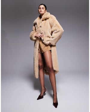 Aria Cove Faux Fur Button Detail Collared Belted Maxi Coat - Grey