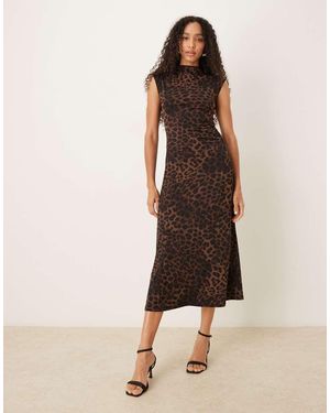 Mango Vestido Semilargo Con Estampado De Leopardo Y Mangas De Casquillo De - Neutro