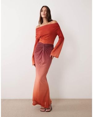 Ruched & Ready Sculpting Mesh Off-shoulder Wide Sleeve Twist Skirt Detail Maxi Dress - Red