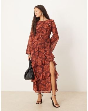 ANAYA Floral Long Sleeve Ruffle Midaxi Dress - Red