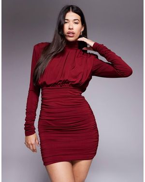 Ruched & Ready Hourglass High Neck Padded Shoulder Sculpted Drape Detail Mini Dress - Red