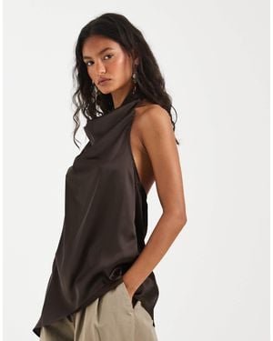 Pieces Halter Neck Satin Asymmetric Hem Top - Brown