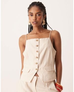 Y.A.S Linen Touch Thin Strap Stail Square Neck Waistcoat Co-ord - Natural