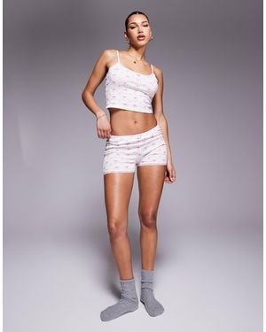 Kaiia Exclusive Pointelle Rose Detail Pyjama Shorts Co-ord - Multicolour