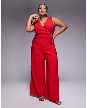 ASOS Asos Design Curve Wrap Front Cut Out Jumpsuit With Buckle Detail - Red