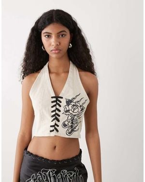 Ed Hardy Flaming Rose Braided Denim Corset - White