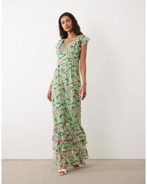 Vila Flutter Sleeve Maxi Dress - Green
