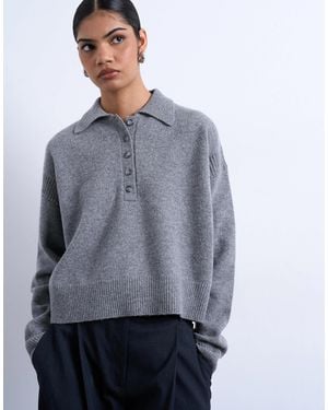 TOPSHOP – premium – polo-strickpullover aus 100% lammwolle - Grau