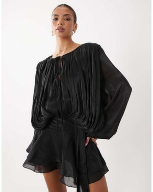 Lioness Elements High Sheen Chiffon Drape Detail Balloon Sleeve Tie Waist Mini Dress - Black