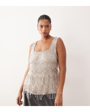 ARRANGE Curve Scallop Beaded Fringe Square Neck Top - Natural