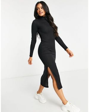 NA-KD Ribbed High Neck Side Split Midi Dress - Black