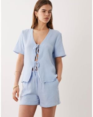Jdy Short Sleeve Tie Front Cheesecloth Shirt - Blue
