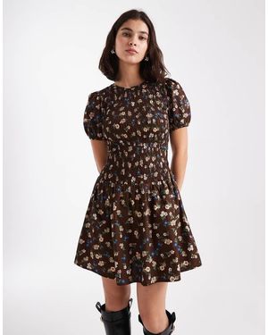 New Look Ditsy Floral Shirred Mini Dress - Brown