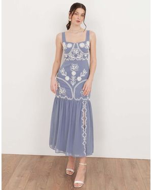Maya Embroidered Strappy Midaxi Dress - Blue