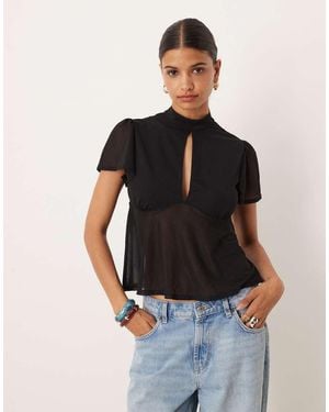 ASOS Floaty Mesh Flutter Sleeve Top With Tie Back Detail - Black