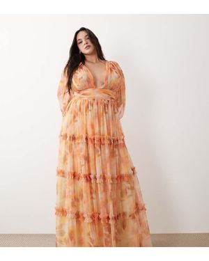 Lace & Beads Plus Tulle Balloon Sleeve Ruffle Detail Maxi Dress - Multicolour