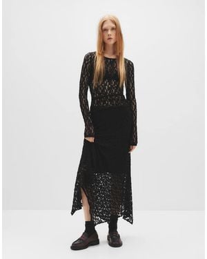 Pull&Bear Asymmetric Lace Midi Skirt - Black