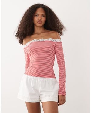 ASOS Off Shoulder Long Sleeve With Lace Trim Top - Red