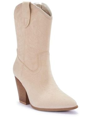 SEQWL Western Cowboy Mid Calf Boots Embroidered With Pointed Toe - Natural