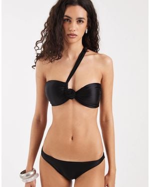 Vero Moda One Shoulder Bandeau Bikini Top With Floral Corsage Detail - Black